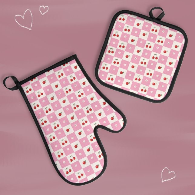 Cherry und Tiny Blossom Pink Gingham Pattern Ofenhandschuh & Topflappen-Set (Spring inspired white and pink oven mitt and pot holder set .)