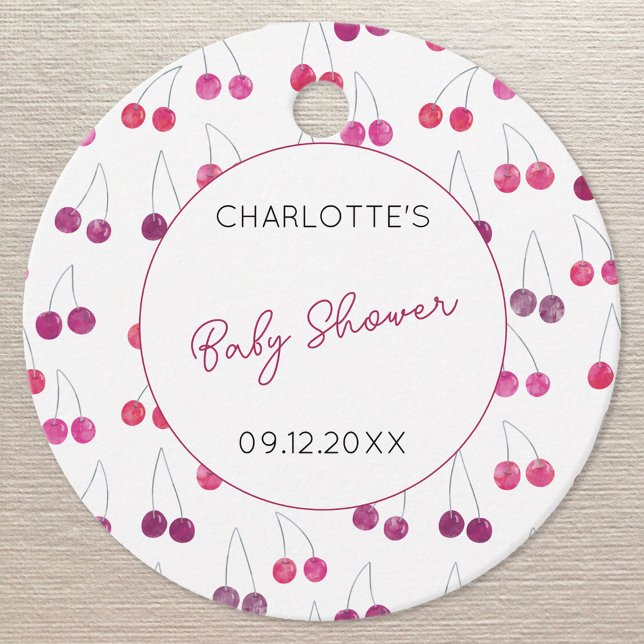 Cherry Watercolor Babydusche Personalisiert Geschenkanhänger (Pretty Cherry pink and white personalized baby shower favor tag with custom name, date and text)
