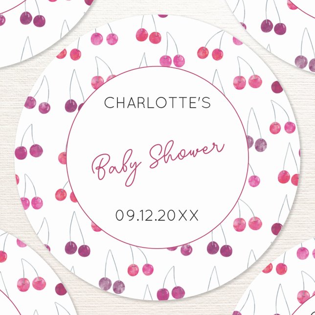 Cherry Watercolor Babydusche Personalisiert Runder Aufkleber (Cute watercolor cherry pink and white pattern personalized baby shower name date stickers)