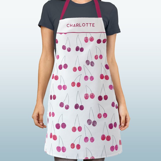 Cherry Watercolor Personalisiert Schürze (Pretty watercolor cherry pattern personalized custom name text apron)