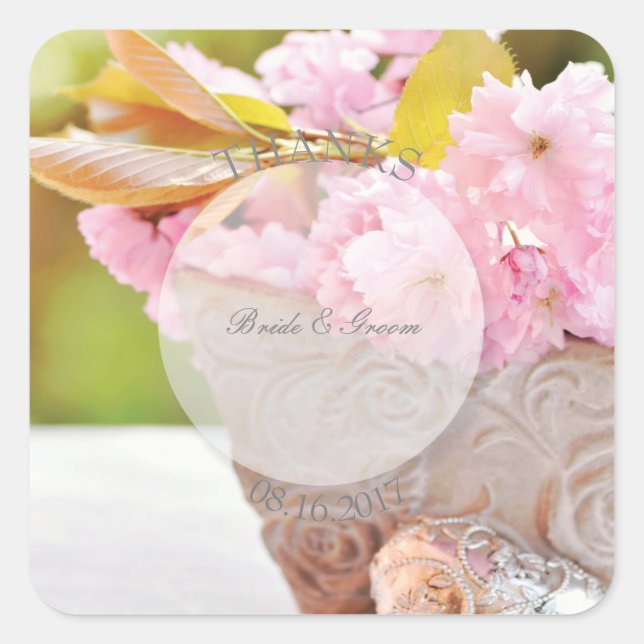 Cherryblossoms bearbeitbarer Hochzeitsdank Quadratischer Aufkleber (Vorderseite)