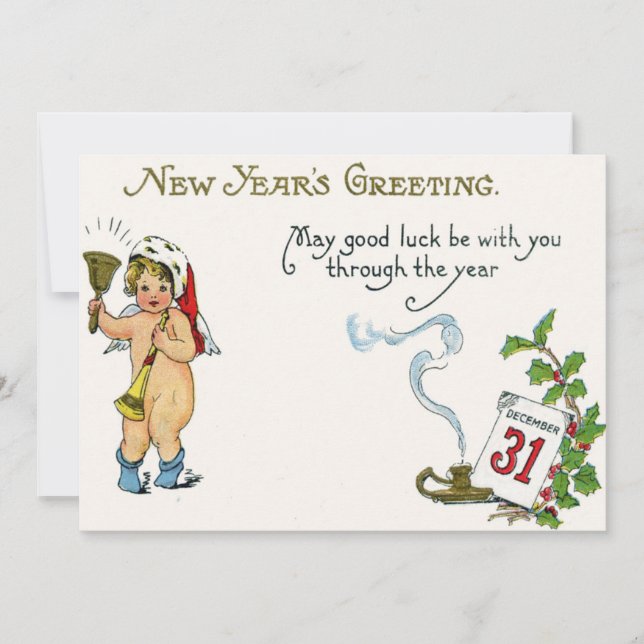 Cherub Angel Holly Calendar Bell Horn Einladung (Vorderseite)