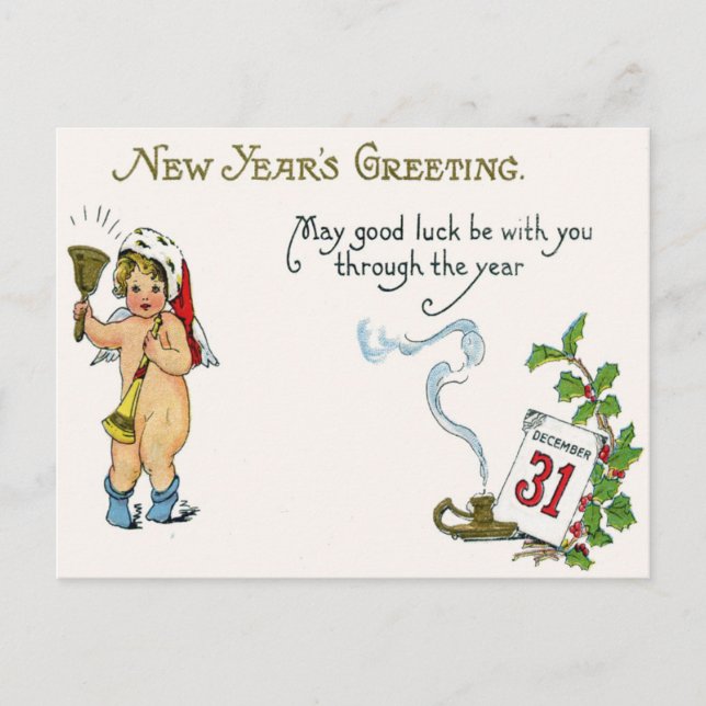 Cherub Angel Holly Calendar Bell Horn Postkarte (Vorderseite)