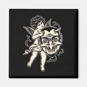 Cherub und Satan Traditionelles Tattoo-Schwarzarbe Magnet
