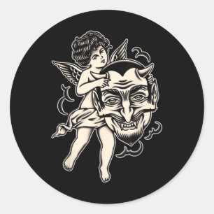 Cherub und Satan Traditionelles Tattoo-Schwarzarbe Runder Aufkleber