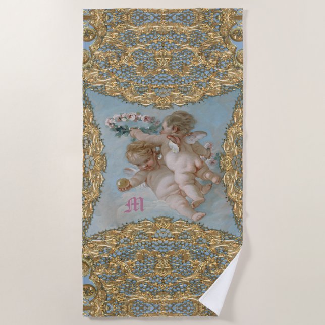 Cherubs bei der Wiedergabe Barocke Monogramm Strandtuch (Vorderseite)