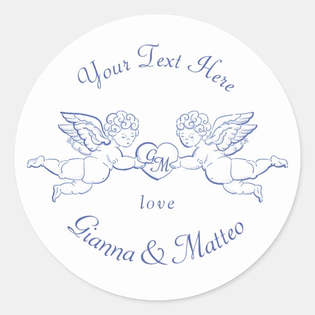 Cherubs Holding Heart Couple Cupids Initials Runder Aufkleber (Vorderseite)
