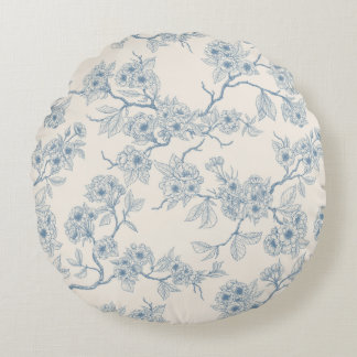Chery blossom branches in blue and off white rundes kissen