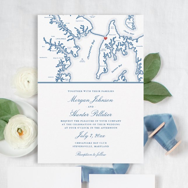 Chesapeake Bay Beach Club Einladung (Chesapeake Bay Beach Club Wedding Invitation with Elegant Navy Blue Stevensville Maryland Map )