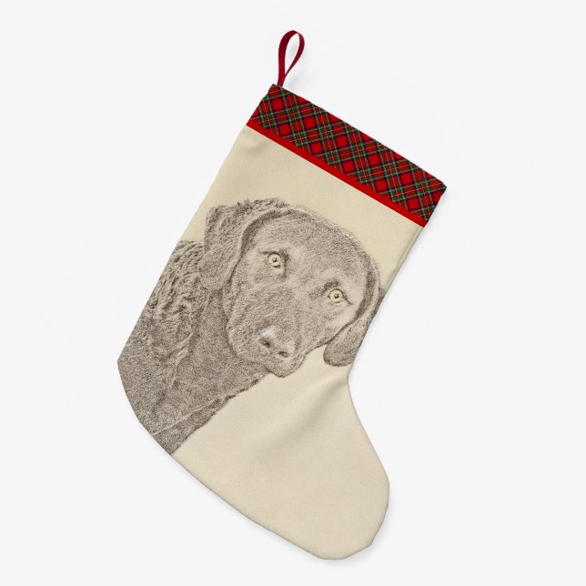 Chesapeake Bay Retriever Malerei Original Hund Kun Kleiner Weihnachtsstrumpf (Vorderansicht (hängend))