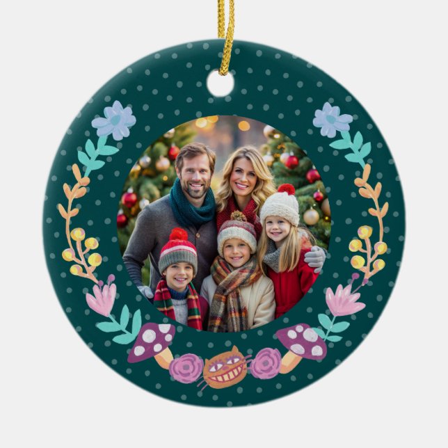Cheshire Cat Floral Wreath Grün Weihnachten Keramik Ornament (Vorne)