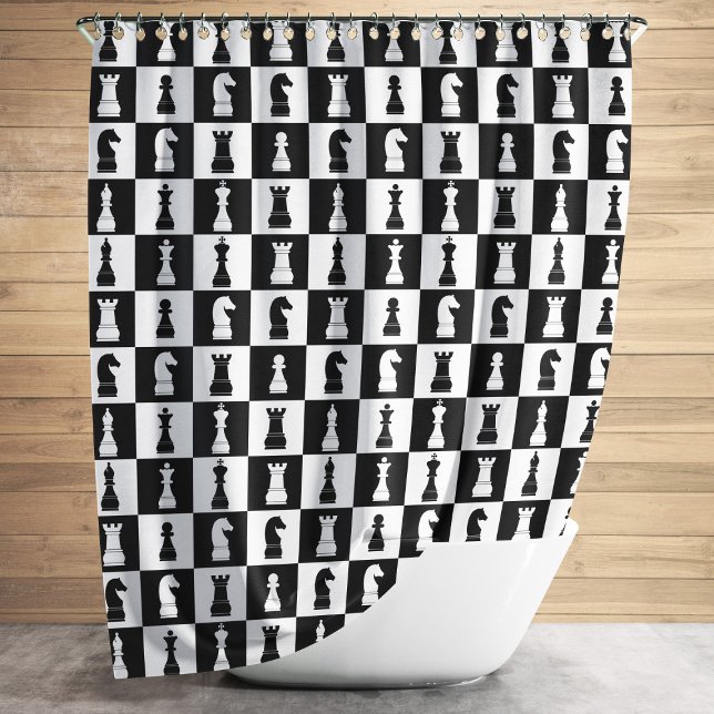 Chess Game Figures Pattern Black And White Duschvorhang (Chess Game Figures Pattern Black And White Shower Curtain)