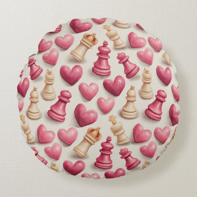 Chess & Hearts Valentines Pattern Rundes Kissen (Vorderseite)