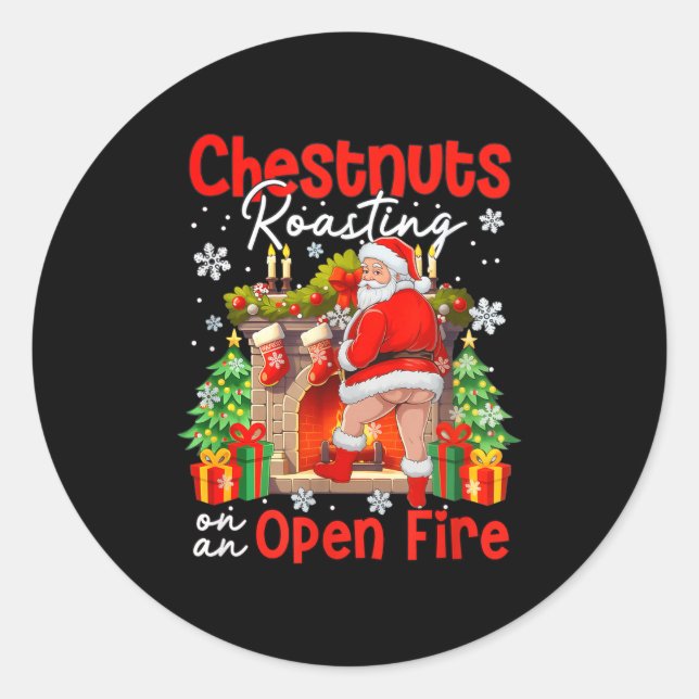 Chestnuts Roasting On An Open Fire Funny Santa  Runder Aufkleber (Vorderseite)