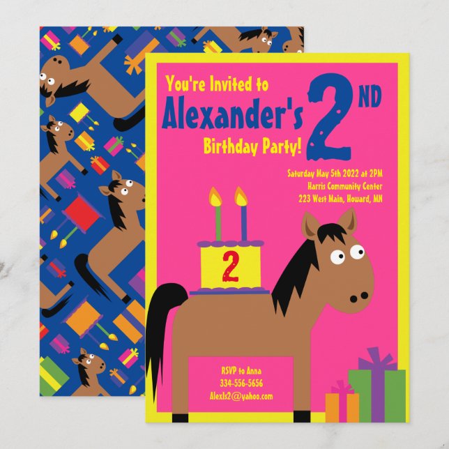 Cheval Animal Enfant's Birthday Party Invitations (Devant / Derrière)