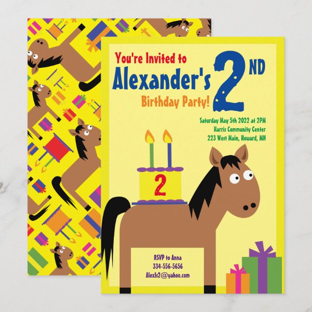 Cheval Animal Enfant's Birthday Party Invitations (Devant / Derrière)