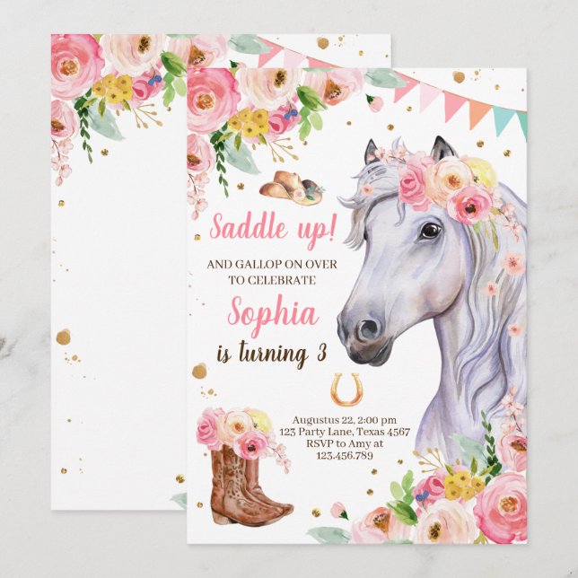 Cheval Anniversaire Invitation fille fille fille r (Devant / Derrière)