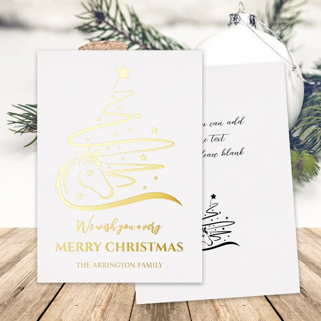 Cheval arbre de Noël vrai or Foil Carte de vacance (Real gold foil horse Christmas card, personalized horse lover Christmas tree card, vector art.)