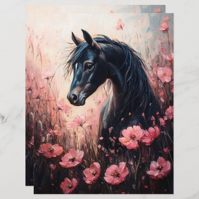 Cheval avec papier Fleur sauvage rose vif (Devant / Derrière)
