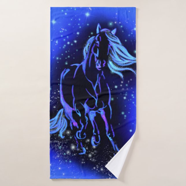 Cheval Bleu Magique Courant À La Nuit Étincelante  (Serviette de bain)