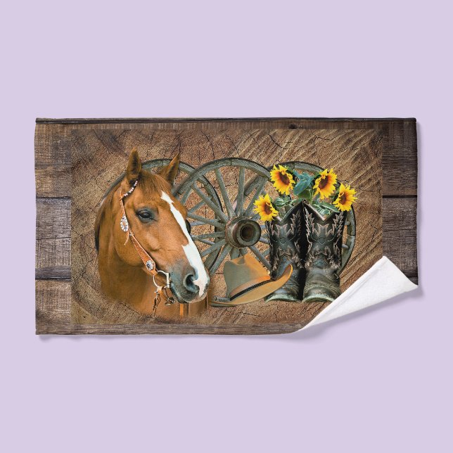 Cheval Cowboy Boots Wagon Wheels Sunflowers Wester (Serviette à main)