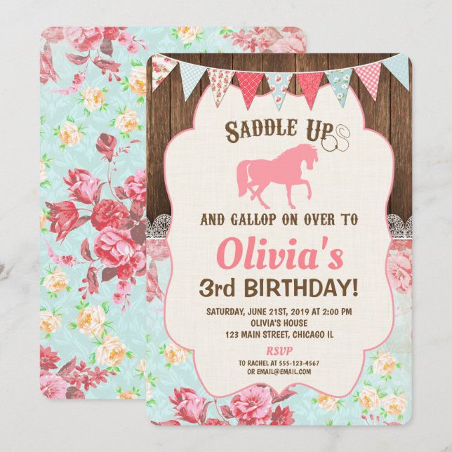 Cheval cowgirl anniversaire invitation fille flora (Devant / Derrière)