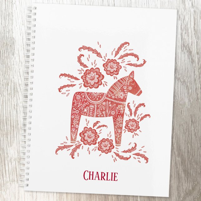 Cheval Dala Suédois Rouge Personnalisé (Swedish Dala Horse red and white folk art personalized planner)