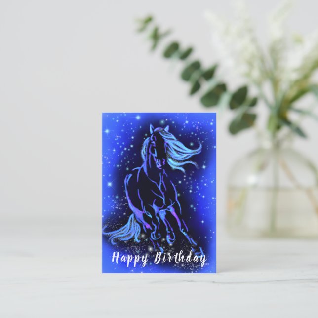 Cheval de course Carte d'anniversaire bleu étoile  (Debout devant)
