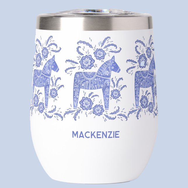 Cheval de Dala suédois personnalisé (Swedish Dala Horse blue and white personalized thermal wine tumbler)