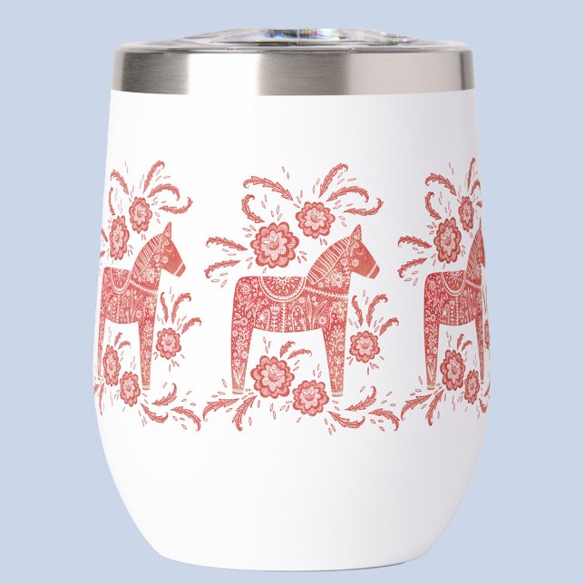 Cheval de Dala suédois Rouge et blanc (Red and white Swedish Dala horse Scandinavian folk art thermal wine tumbler)