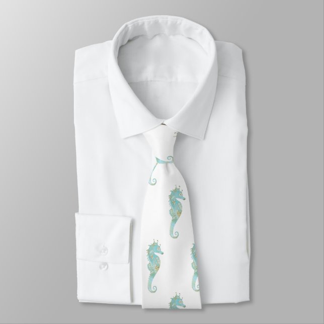 Cheval de mer sur Cravate Mariage blanc (Attaché)