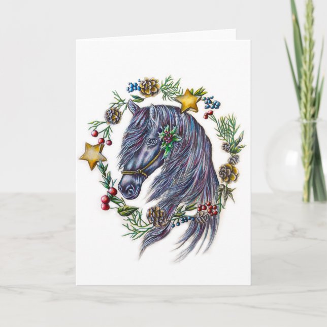 Cheval de Noël avec carte de couronne de vacances (Devant)