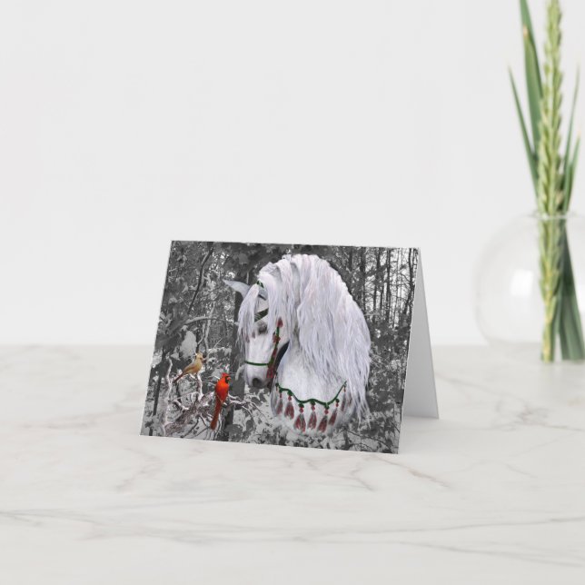 Cheval de Noël et Cardinaux 4" x 5,6" Carte de vac (Devant)