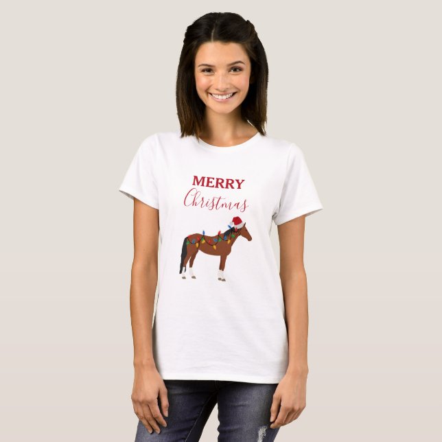 Cheval de Noël Santa Chapeau Noël Lumières T-shirt (Devant entier)