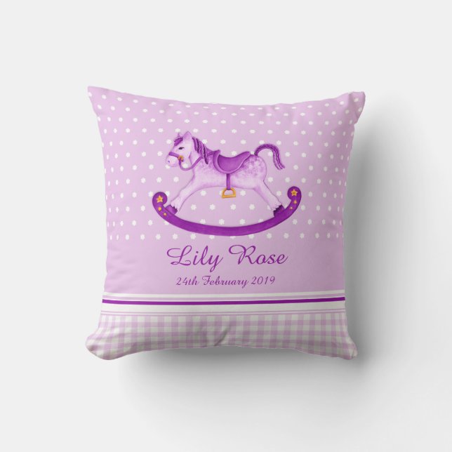 Cheval de roche art violet nom bébé coussin de nai (Recto)