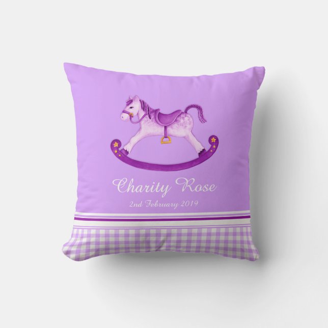 Cheval de roche art violet nom bébé coussin de nai (Recto)