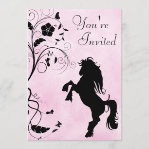 Cheval d'élevage et fleurs rose Invitation d'anniv