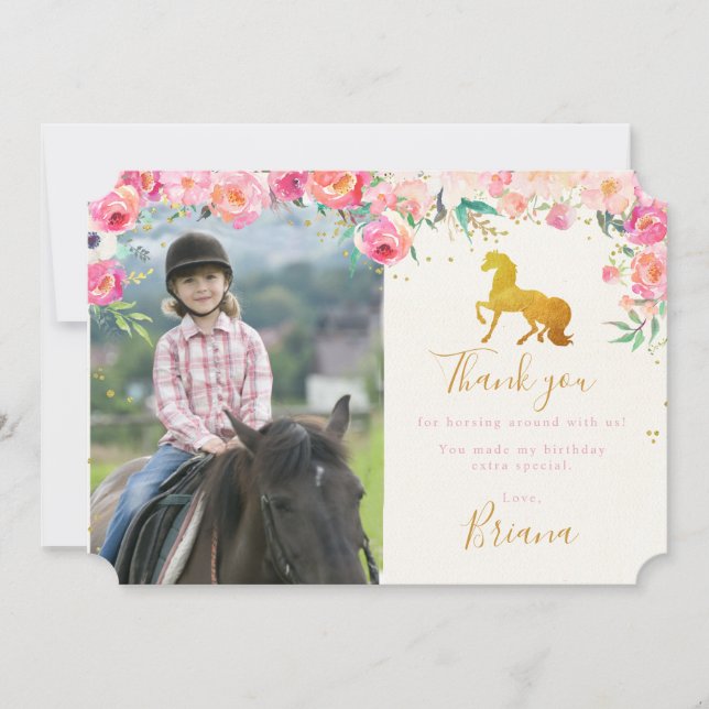 Cheval d'or et carte de remerciements floral de (Devant)