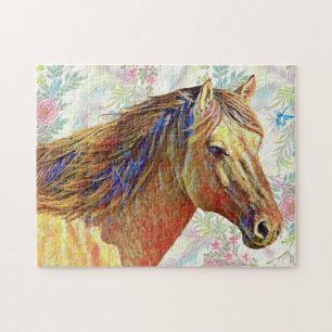 Cheval d'or sur le puzzle à motifs floraux