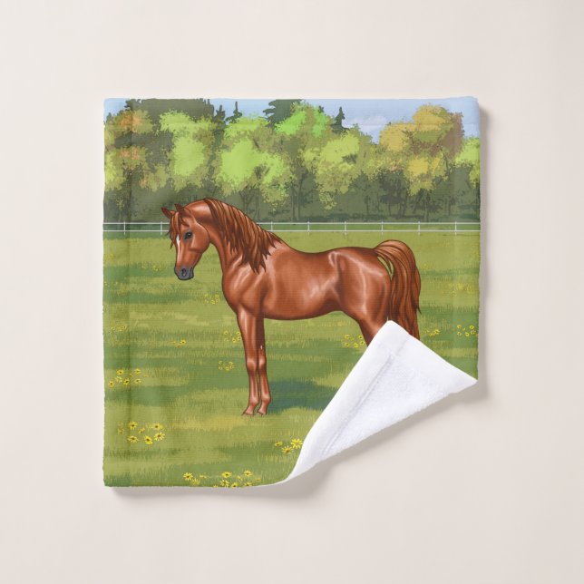 Cheval égyptien arabe châtaigner dans le pâturage  (Gant de toilette)