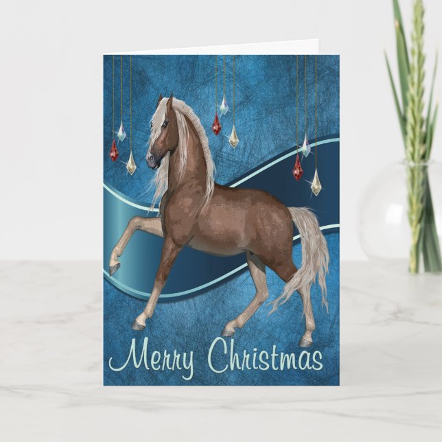 Cheval en bleu avec ruban Joyeux carte de Noël (Devant)