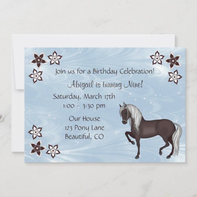 Cheval et Fleurs Invitation Anniversaire ~ Filles (Devant)