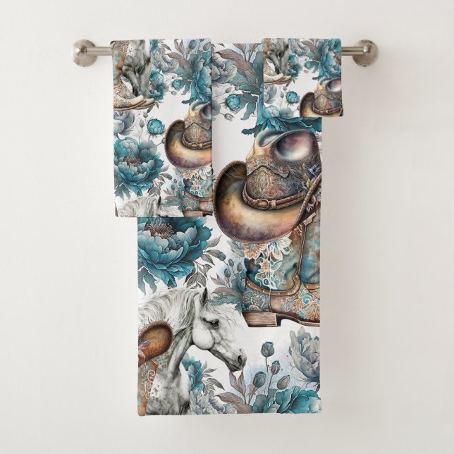 Cheval fille cowgirl motif floral turquoise (En situation)
