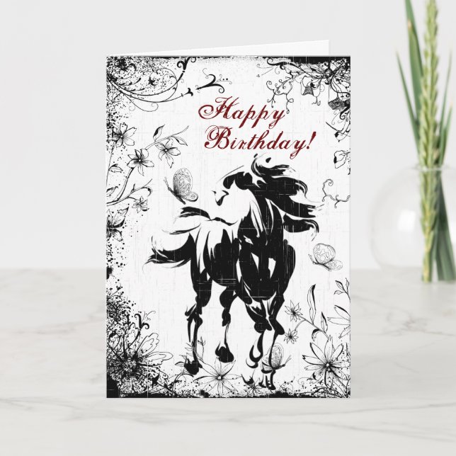 Cheval, Fleurs et Papillons Bonne Carte d'Annivers (Devant)