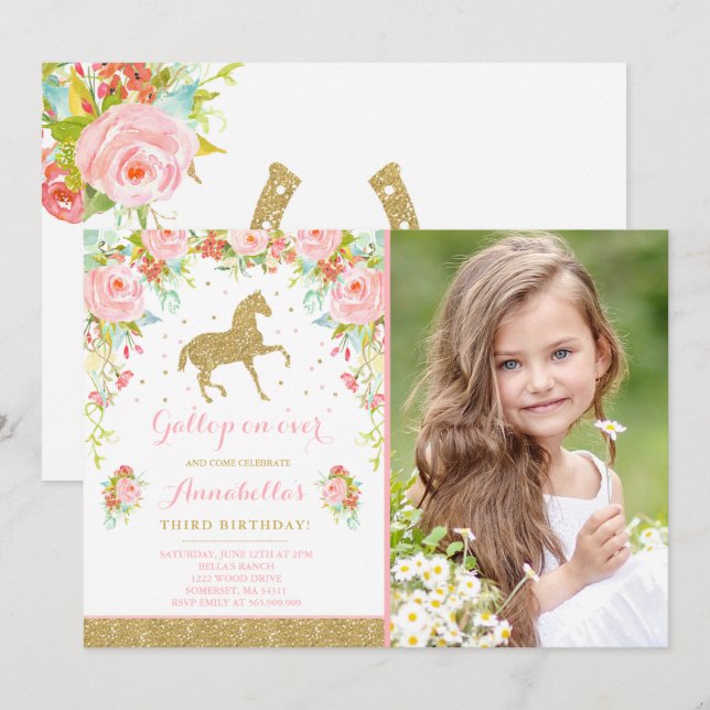 Cheval Invitation Anniversaire Floral Pink Gold Ho (Devant / Derrière)