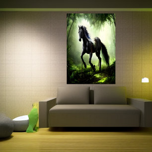 Cheval noir dans la forêt AI Art Poster
