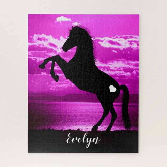 Cheval Noir Élevant Puzzle Ciel Violet (Vertical)