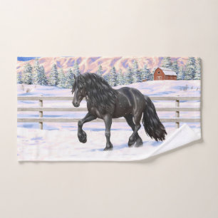 Cheval Noir Friésien Roulette Trottant Dans La Nei