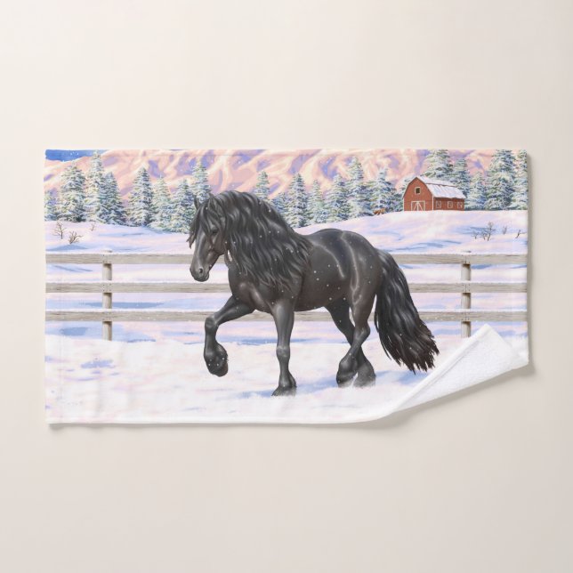 Cheval Noir Friésien Roulette Trottant Dans La Nei (Serviette à main)