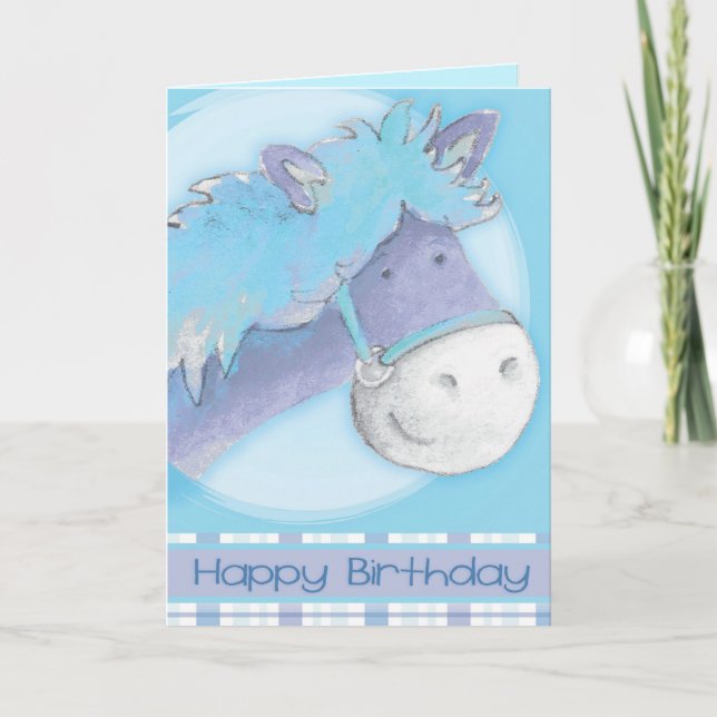 Cheval poney bleu aquarelle art Anniversaire Carte (Devant)